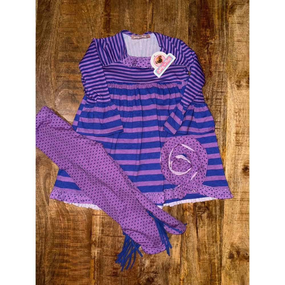 Jelly the Pug 4T Striped Polka Dot Tunic Dress Leggings Set Purple Blue NWT